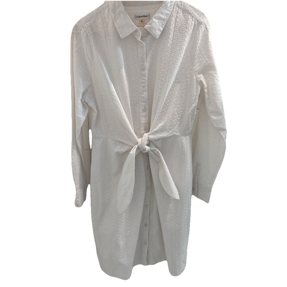 Calvin Klein Eyelet Shirt Dress White  Front Tie 14 Cotton Modest Classic Career